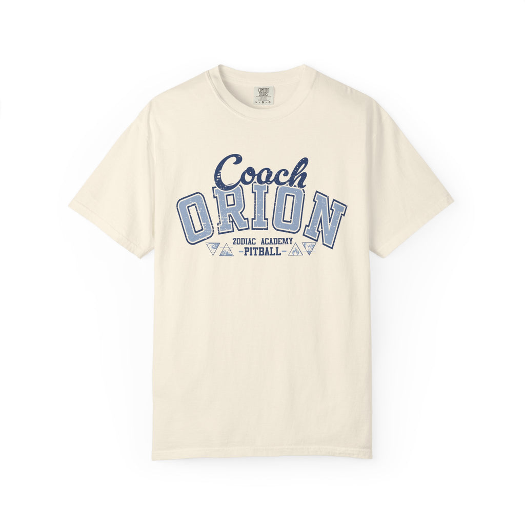Vintage-wash Comfort Colors graphic tee from thtgrlreads featuring a “Coach Orion” varsity-style print, part of the Zodiac Academy collection unisex tees with premium soft fabric.