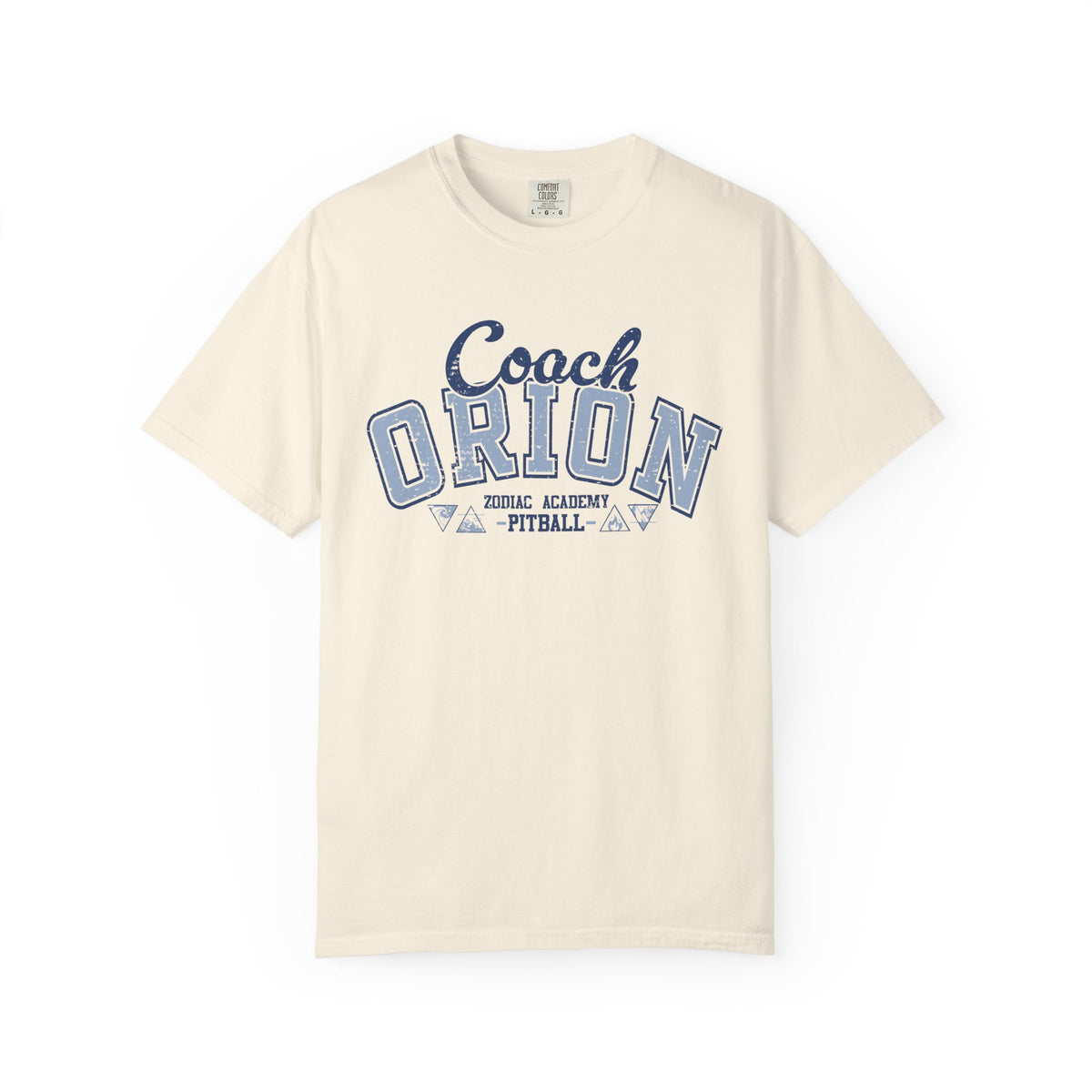 Vintage-wash Comfort Colors graphic tee from thtgrlreads featuring a “Coach Orion” varsity-style print, part of the Zodiac Academy collection unisex tees with premium soft fabric.