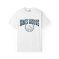 A white Comfort Colors graphic tee from thtgrlreads featuring a vintage wash and bold navy print of "Zodiac Academy Ignis House" with a laurel wreath and flame emblem, perfect for fans in the Back to School and Zodiac Academy collections.