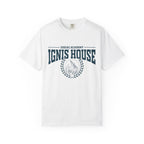 A white Comfort Colors graphic tee from thtgrlreads featuring a vintage wash and bold navy print of "Zodiac Academy Ignis House" with a laurel wreath and flame emblem, perfect for fans in the Back to School and Zodiac Academy collections.