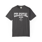 Zodiac Academy-themed Comfort Colors graphic tee from thtgrlreads featuring a vintage wash black fabric with bold white collegiate-style "Celestial Heirs" text and crossed celestial symbols.