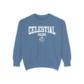 thtgrlreads Celestial Heirs oversized crewneck sweatshirt in vintage washed blue with bold collegiate block lettering and small crossed icons below the text