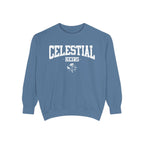 thtgrlreads Celestial Heirs oversized crewneck sweatshirt in vintage washed blue with bold collegiate block lettering and small crossed icons below the text