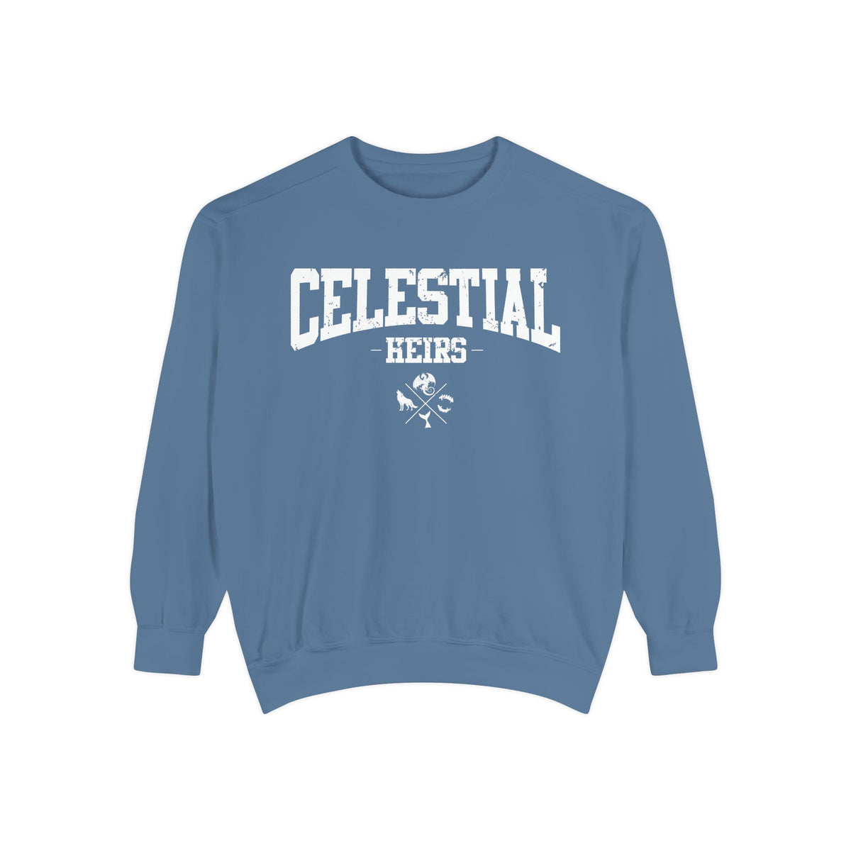 thtgrlreads Celestial Heirs oversized crewneck sweatshirt in vintage washed blue with bold collegiate block lettering and small crossed icons below the text