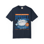 Zodiac Academy collection Comfort Colors graphic tee by thtgrlreads featuring vintage-style Pitball Champions print with distressed football graphic and elemental names Terra, Aer, Ignis, Aqua.