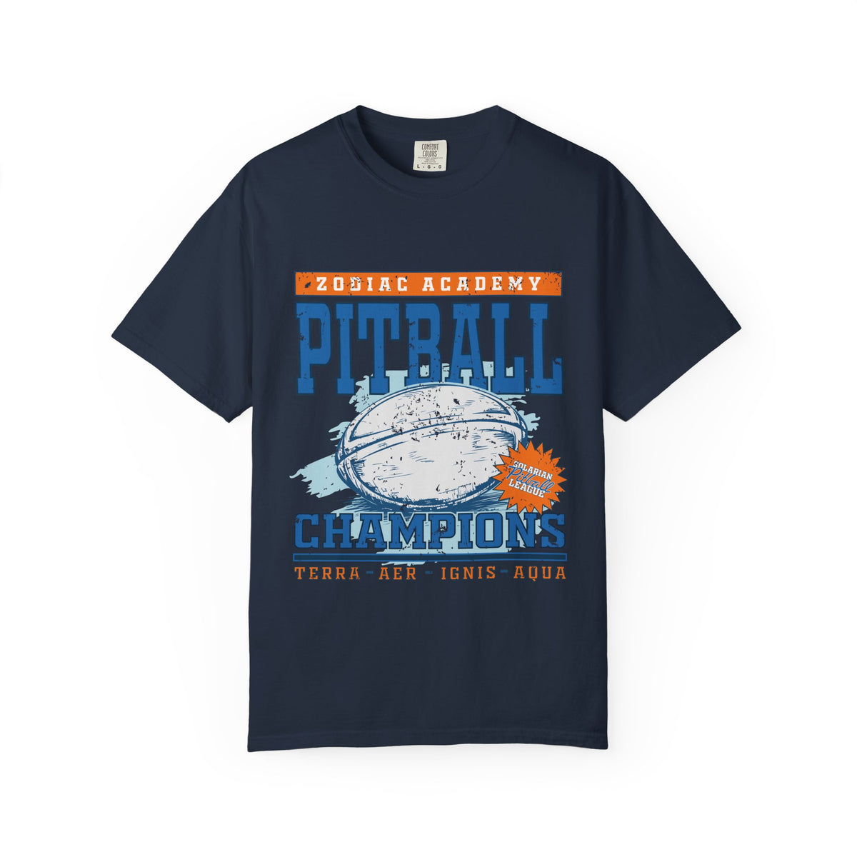 Zodiac Academy collection Comfort Colors graphic tee by thtgrlreads featuring vintage-style Pitball Champions print with distressed football graphic and elemental names Terra, Aer, Ignis, Aqua.