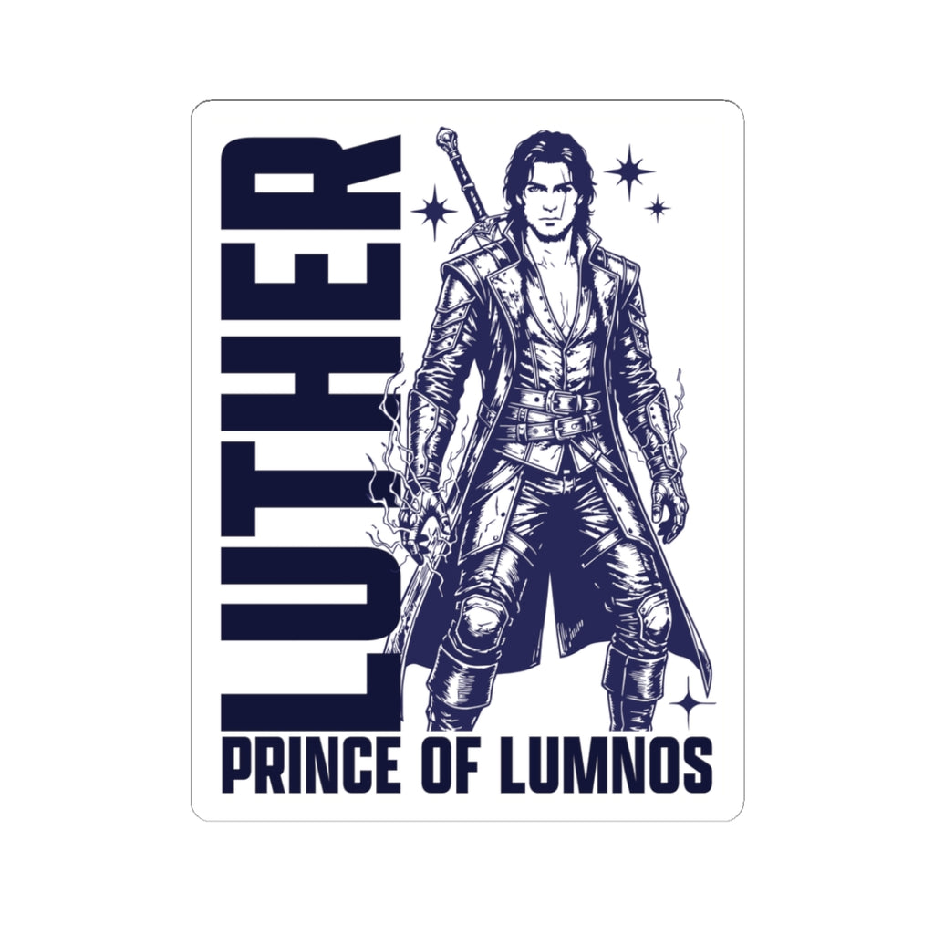 Sticker from thtgrlreads featuring a detailed navy blue illustration of Luther, Prince of Lumnos, from the Kindred's Curse Saga collection with bold gothic lettering.