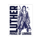 Sticker from thtgrlreads featuring a detailed navy blue illustration of Luther, Prince of Lumnos, from the Kindred's Curse Saga collection with bold gothic lettering.
