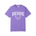 Zodiac Academy-themed lilac Comfort Colors graphic tee from thtgrlreads featuring vintage white Aer House text and laurel wreath emblem, a cozy unisex bookish apparel piece.