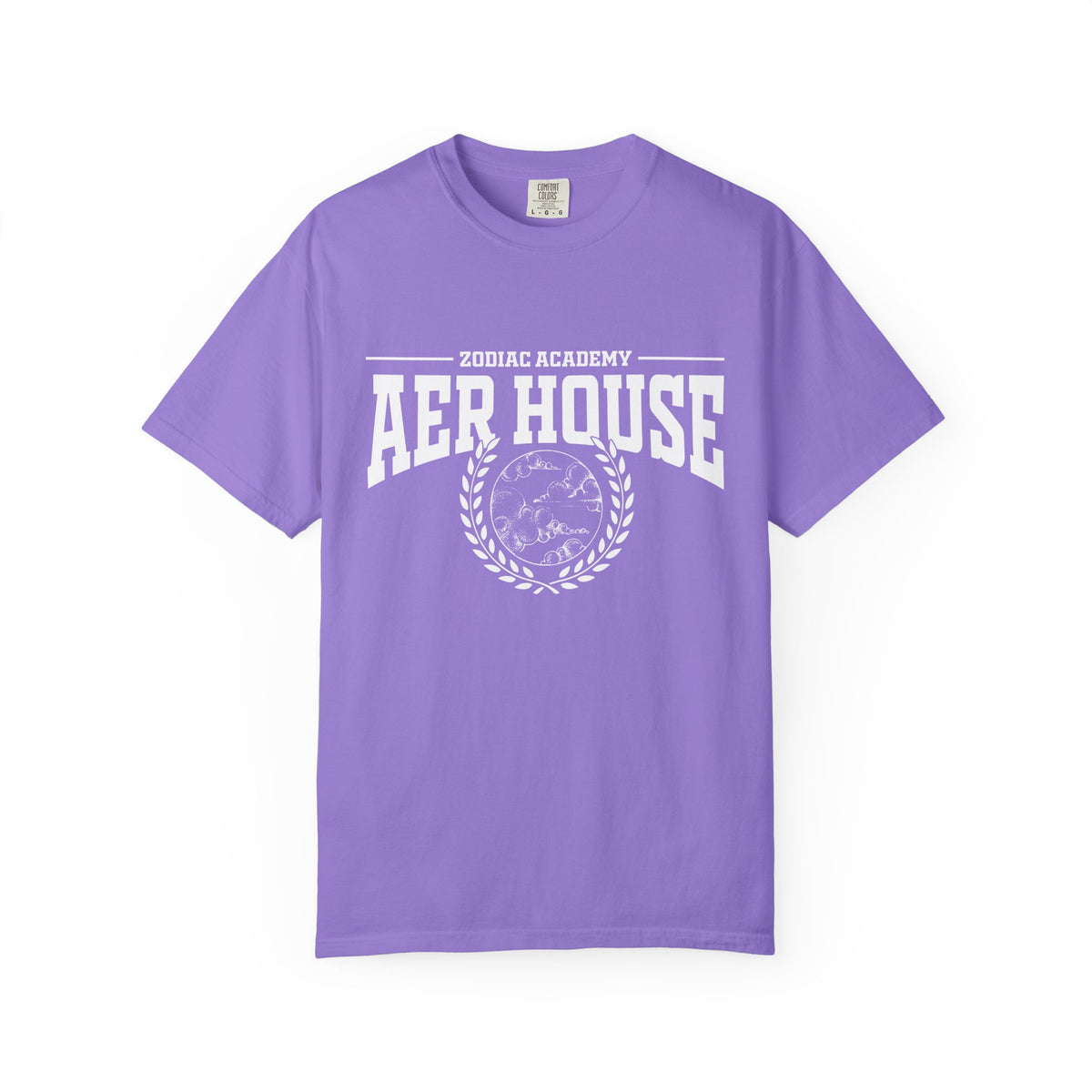 Zodiac Academy-themed lilac Comfort Colors graphic tee from thtgrlreads featuring vintage white Aer House text and laurel wreath emblem, a cozy unisex bookish apparel piece.