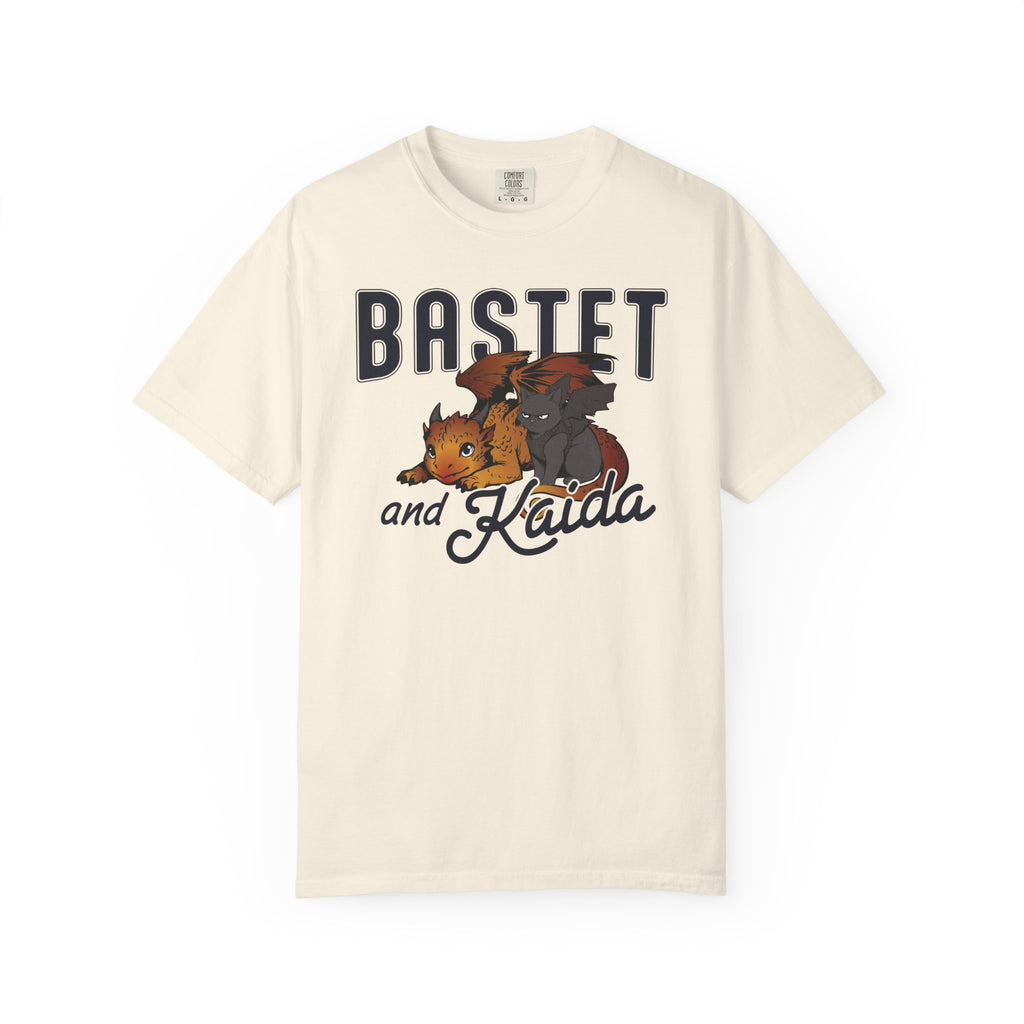 thtgrlreads Blood Bound collection comfort colors graphic tee featuring a vintage-wash unisex fit with printed Bastet and Kaida cat designs from Ellis Hunter’s novel, available from Printify.