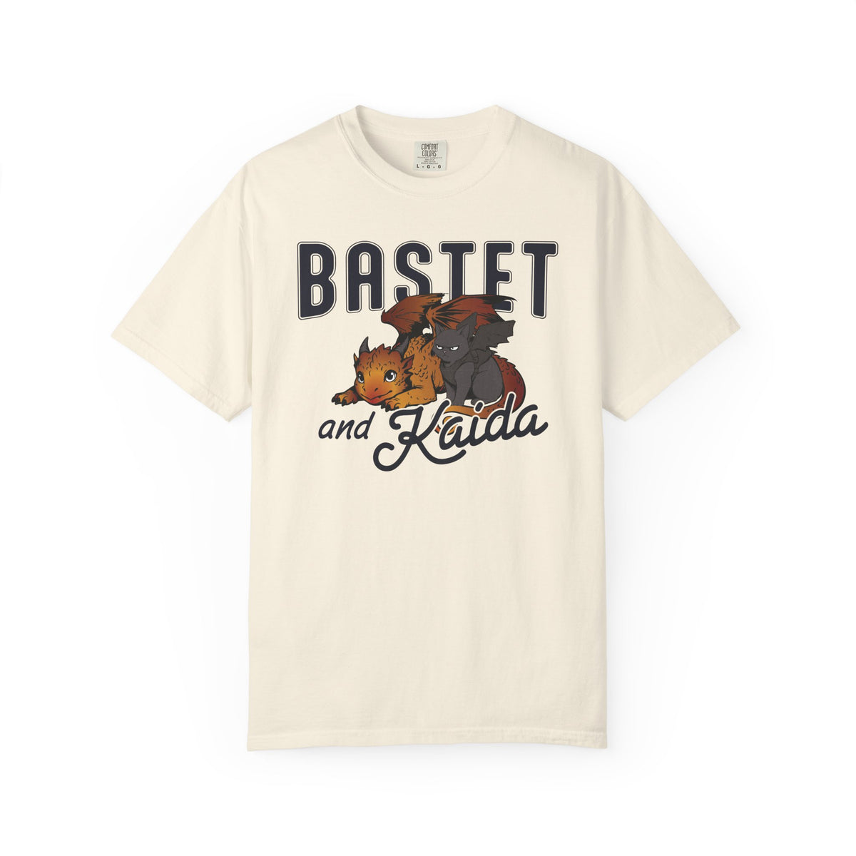 thtgrlreads Blood Bound collection comfort colors graphic tee featuring a vintage-wash unisex fit with printed Bastet and Kaida cat designs from Ellis Hunter’s novel, available from Printify.