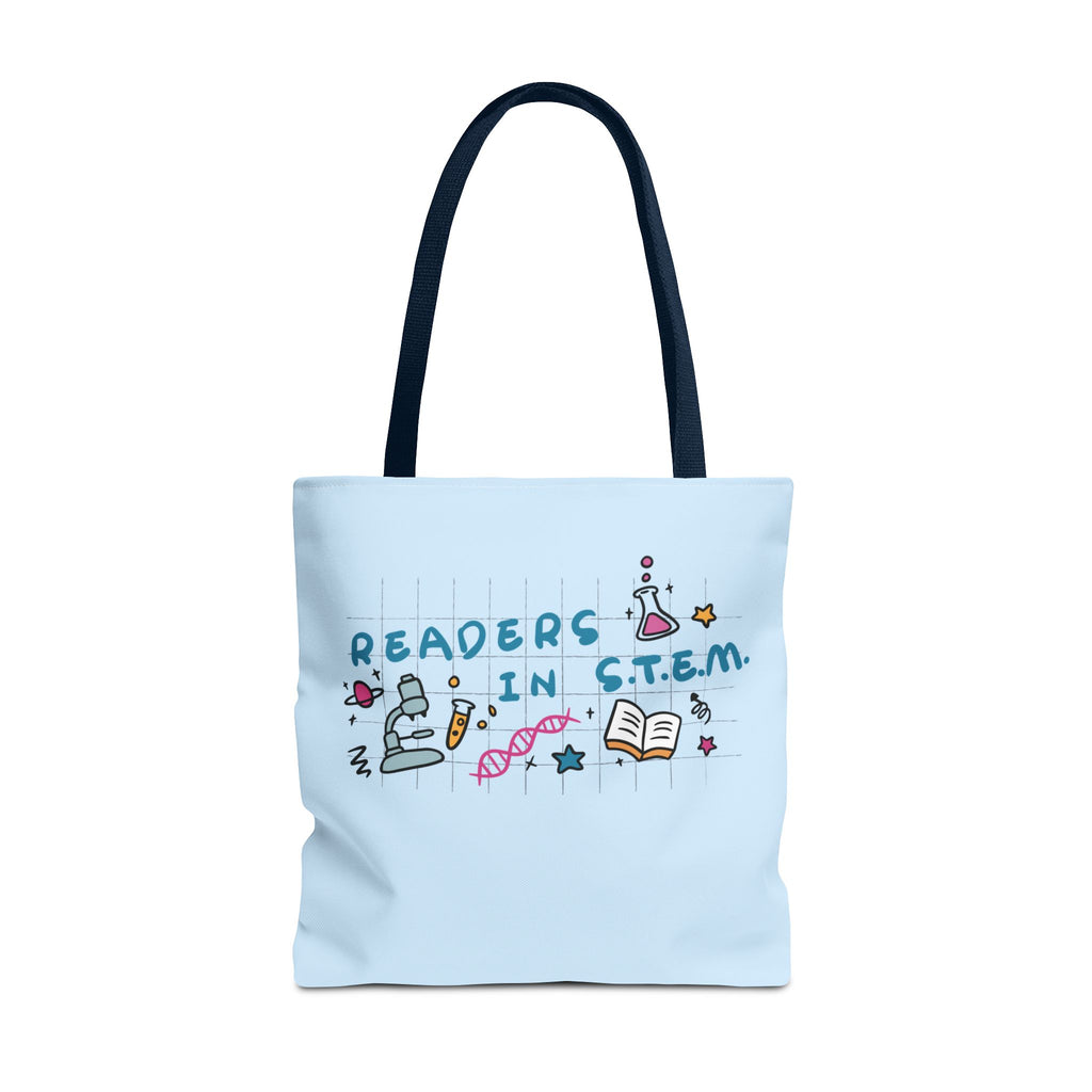 Light blue Readers in STEM tote bag with colorful science, DNA, microscope, and book illustrations, officially licensed Ali Hazelwood design by Printify