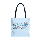 Light blue Readers in STEM tote bag with colorful science, DNA, microscope, and book illustrations, officially licensed Ali Hazelwood design by Printify