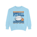 Zodiac Academy Pitball Champions oversized crewneck sweatshirt in vintage-washed light blue with bold graphic print and retro text in blue and orange from thtgrlreads.