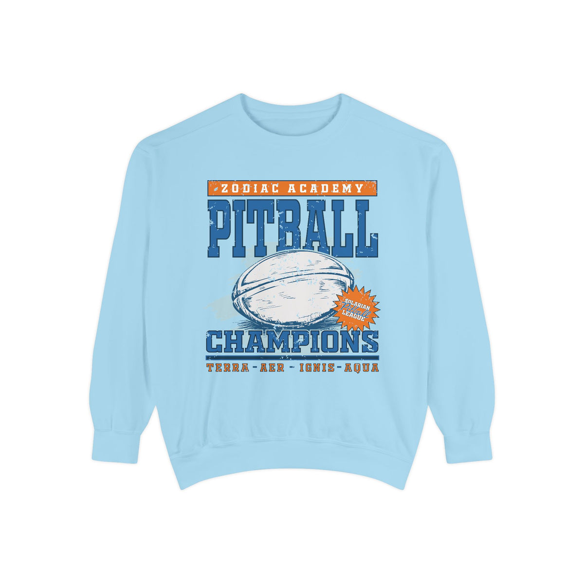 Zodiac Academy Pitball Champions oversized crewneck sweatshirt in vintage-washed light blue with bold graphic print and retro text in blue and orange from thtgrlreads.