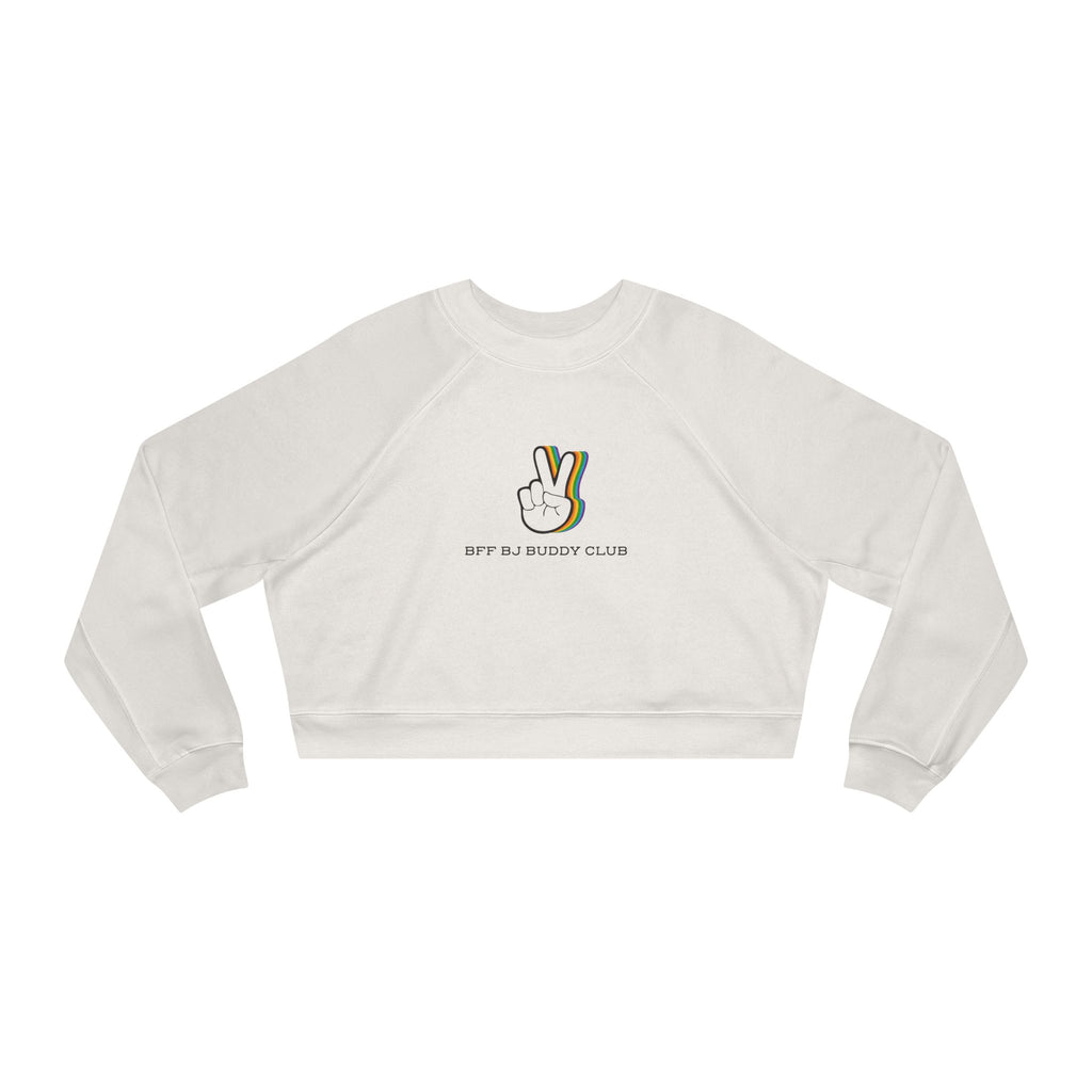 Zodiac Academy collection cropped sweatshirt by thtgrlreads featuring a vintage-wash Comfort Colors base with a minimalist graphic of a peace sign and "BFF BJ Buddy Club" text in casual font.