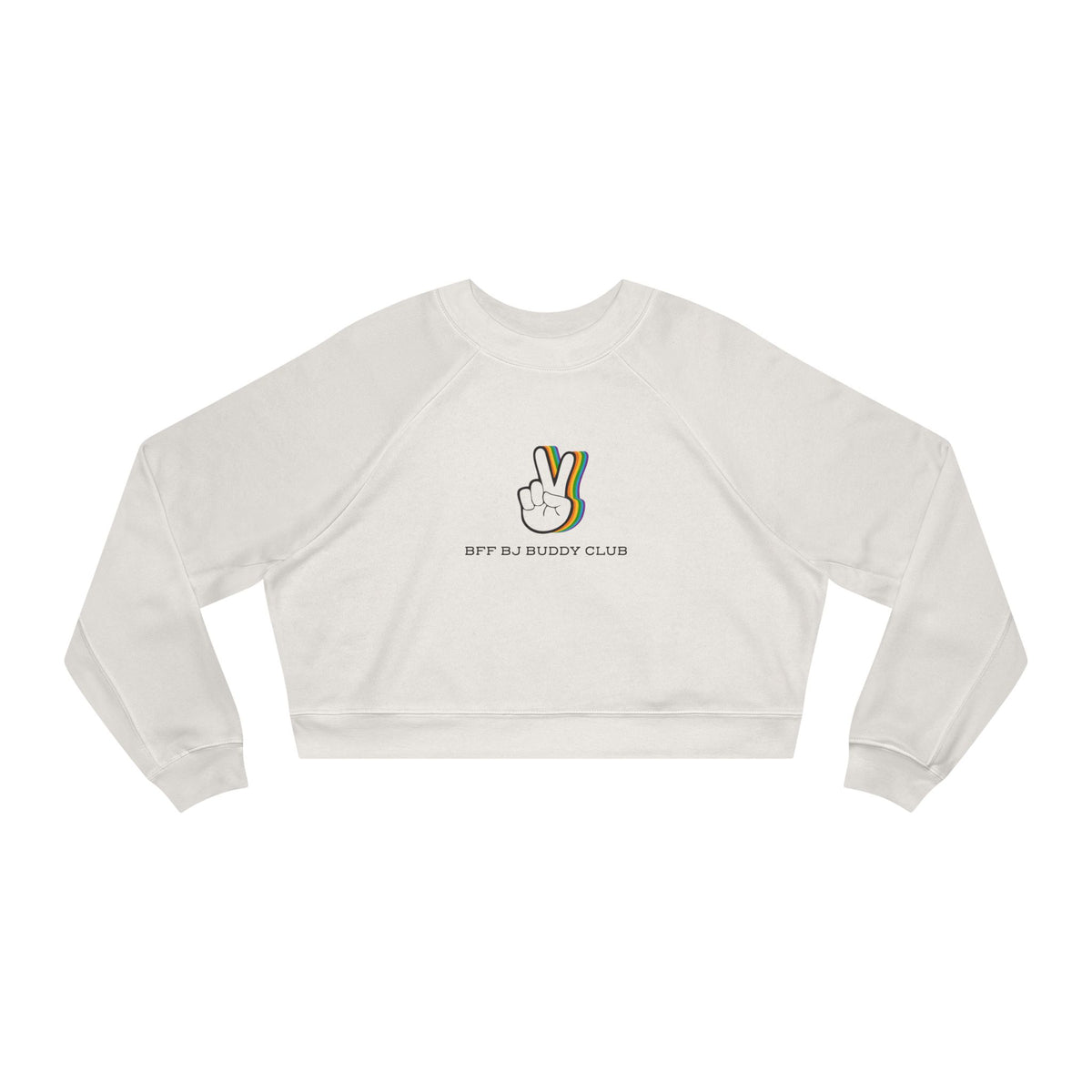 Zodiac Academy collection cropped sweatshirt by thtgrlreads featuring a vintage-wash Comfort Colors base with a minimalist graphic of a peace sign and "BFF BJ Buddy Club" text in casual font.