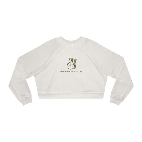 Zodiac Academy collection cropped sweatshirt by thtgrlreads featuring a vintage-wash Comfort Colors base with a minimalist graphic of a peace sign and "BFF BJ Buddy Club" text in casual font.