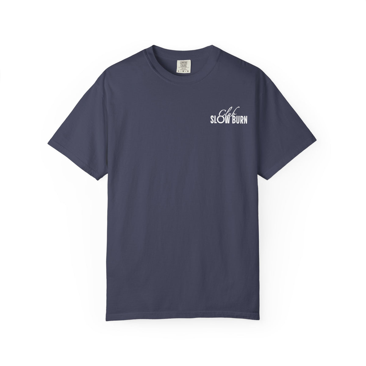 Thtgrlreads comfort colors graphic tee from the Book Bestie collection featuring a navy blue vintage-wash fabric with white "Slow Burn" script print on the chest.