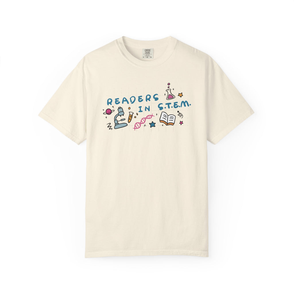 Ali Hazelwood Love Hypothesis inspired thtgrlreads Comfort Colors graphic tee in cream with colorful Readers in STEM lettering and science and book illustrations