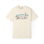 Ali Hazelwood Love Hypothesis inspired thtgrlreads Comfort Colors graphic tee in cream with colorful Readers in STEM lettering and science and book illustrations