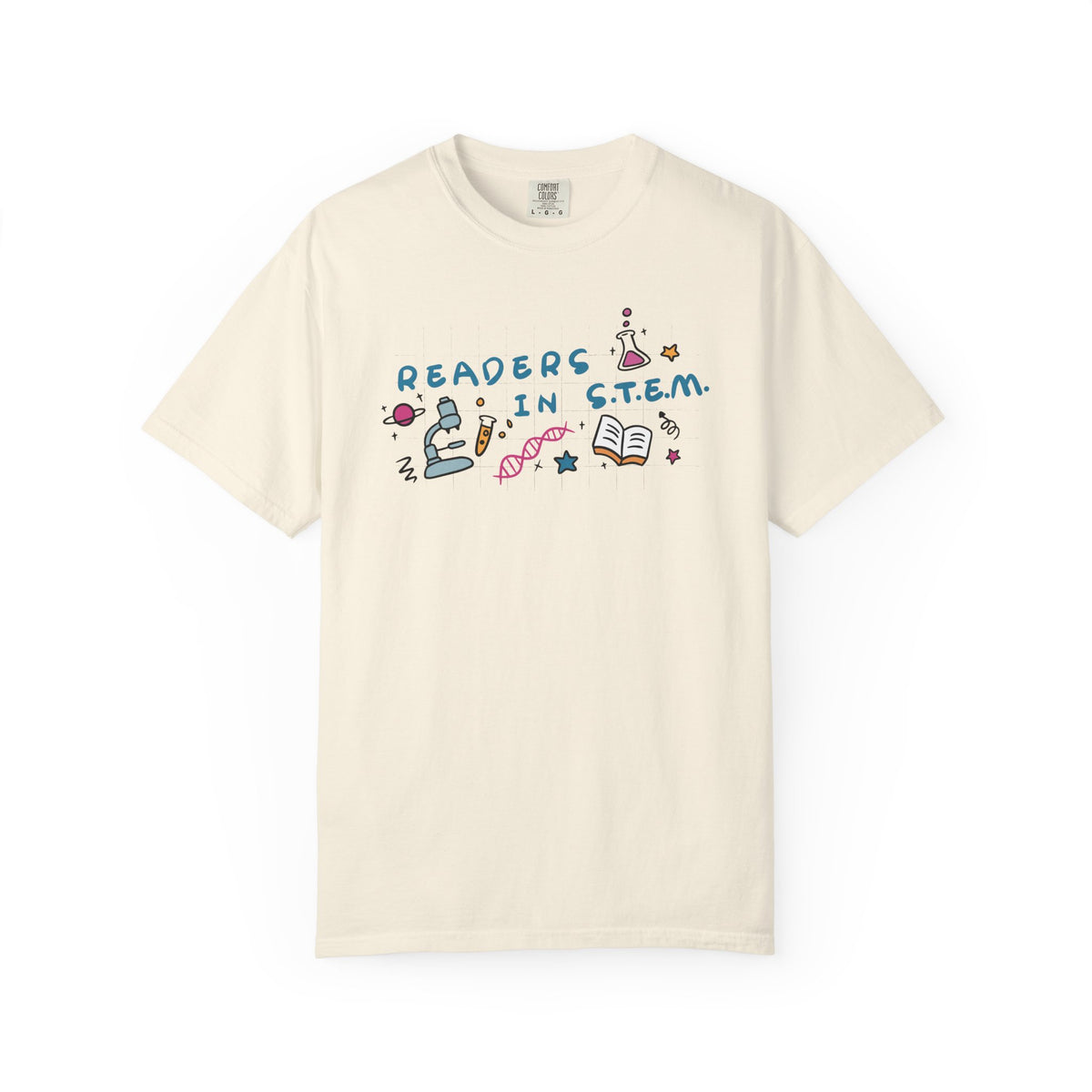 Ali Hazelwood Love Hypothesis inspired thtgrlreads Comfort Colors graphic tee in cream with colorful Readers in STEM lettering and science and book illustrations