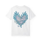Zodiac Academy comfort colors graphic tee from thtgrlreads featuring a vintage wash white base with a blue flame heart and scripted "Blue means you" text design, part of the Tees collection.