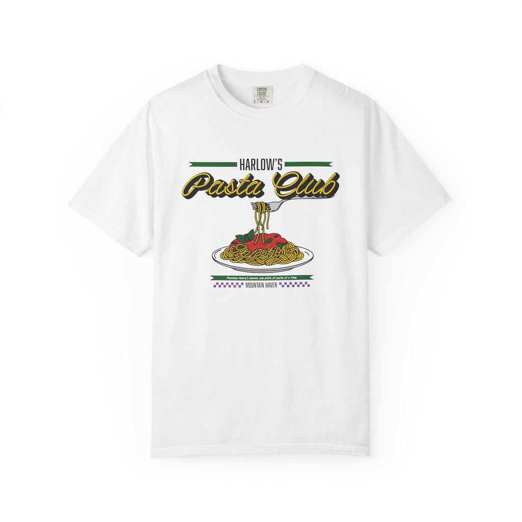 thtgrlreads white Comfort Colors graphic tee featuring a vintage-style print of spaghetti on a fork above a plate with the text "Harlow's Pasta Club" in yellow and black script font
