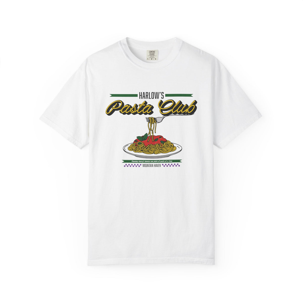thtgrlreads white Comfort Colors graphic tee featuring a vintage-style print of spaghetti on a fork above a plate with the text "Harlow's Pasta Club" in yellow and black script font