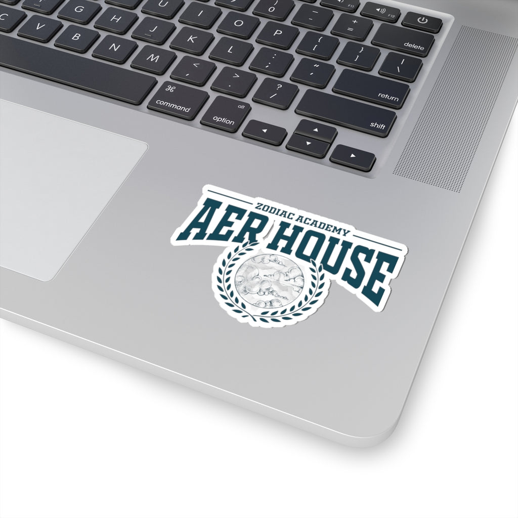 Zodiac Academy Aer House sticker by thtgrlreads features a bold collegiate font and a detailed emblem of a dragon surrounded by a laurel wreath, perfect for fans of Romantasy book merch.