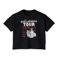 Black Collateral Tour graphic crop top with illustrated characters and vintage lettering inspired by Ali Hazelwood Bride merch from Thtgrlreads Tees collection