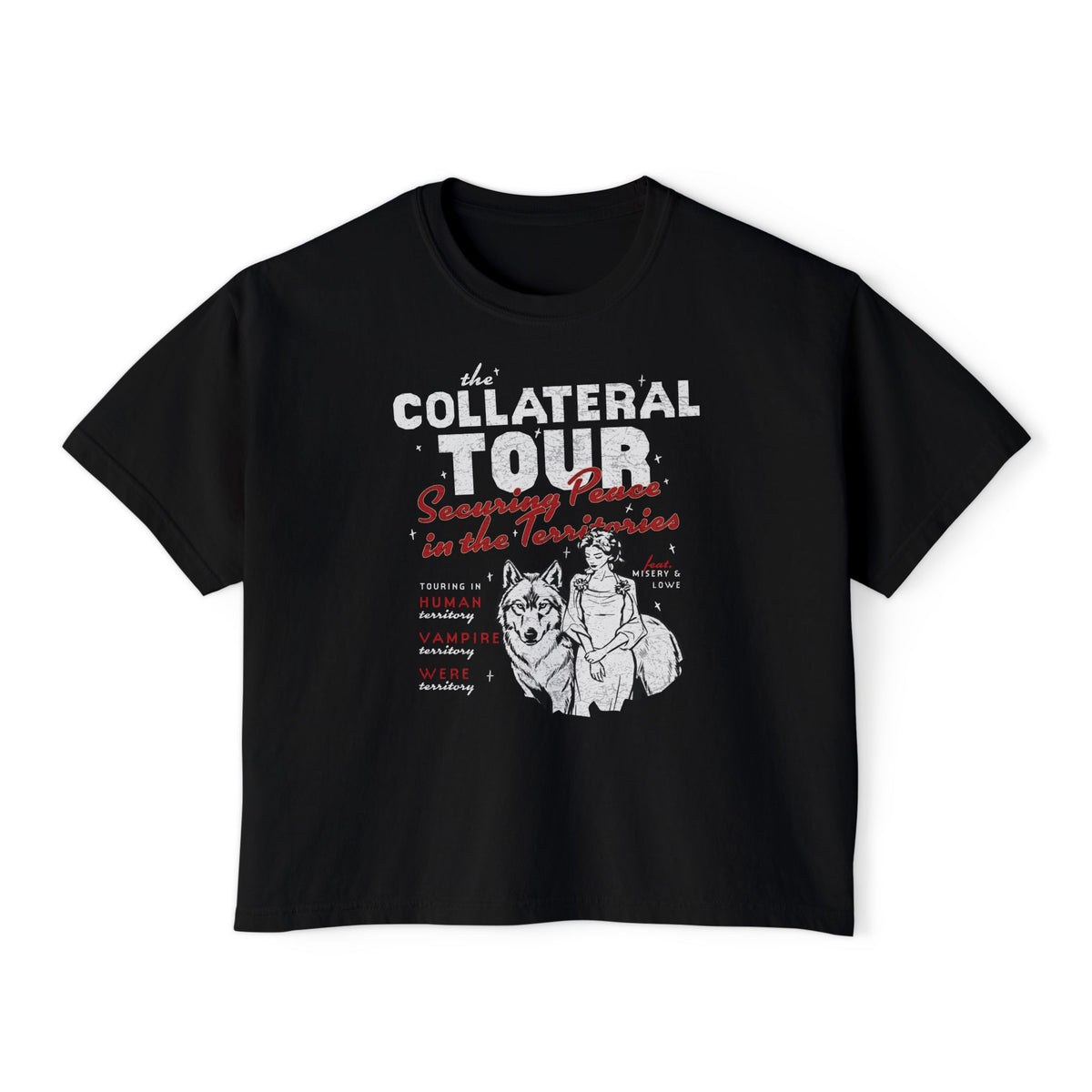 Black Collateral Tour graphic crop top with illustrated characters and vintage lettering inspired by Ali Hazelwood Bride merch from Thtgrlreads Tees collection