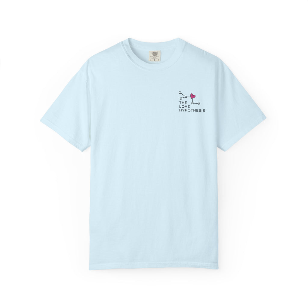 Light blue Love Hypothesis graphic tee from Thtgrlreads featuring an Ali Hazelwood bookish design on a relaxed Comfort Colors cotton shirt
