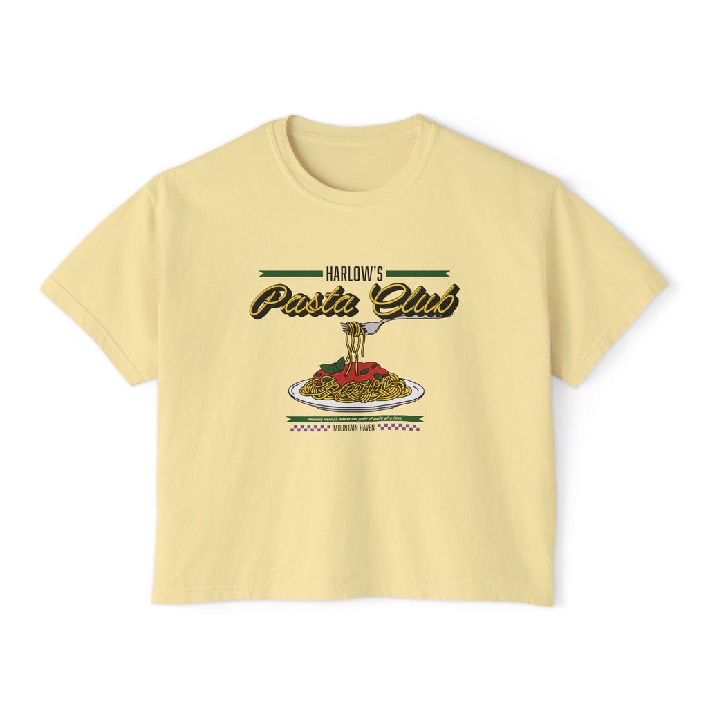 thtgrlreads crop top from The Poison Daughter collection featuring a vintage wash pale yellow Comfort Colors base with a retro-style pasta club graphic in script and illustration.