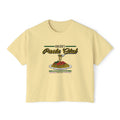 thtgrlreads crop top from The Poison Daughter collection featuring a vintage wash pale yellow Comfort Colors base with a retro-style pasta club graphic in script and illustration.