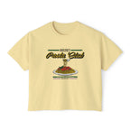 thtgrlreads crop top from The Poison Daughter collection featuring a vintage wash pale yellow Comfort Colors base with a retro-style pasta club graphic in script and illustration.