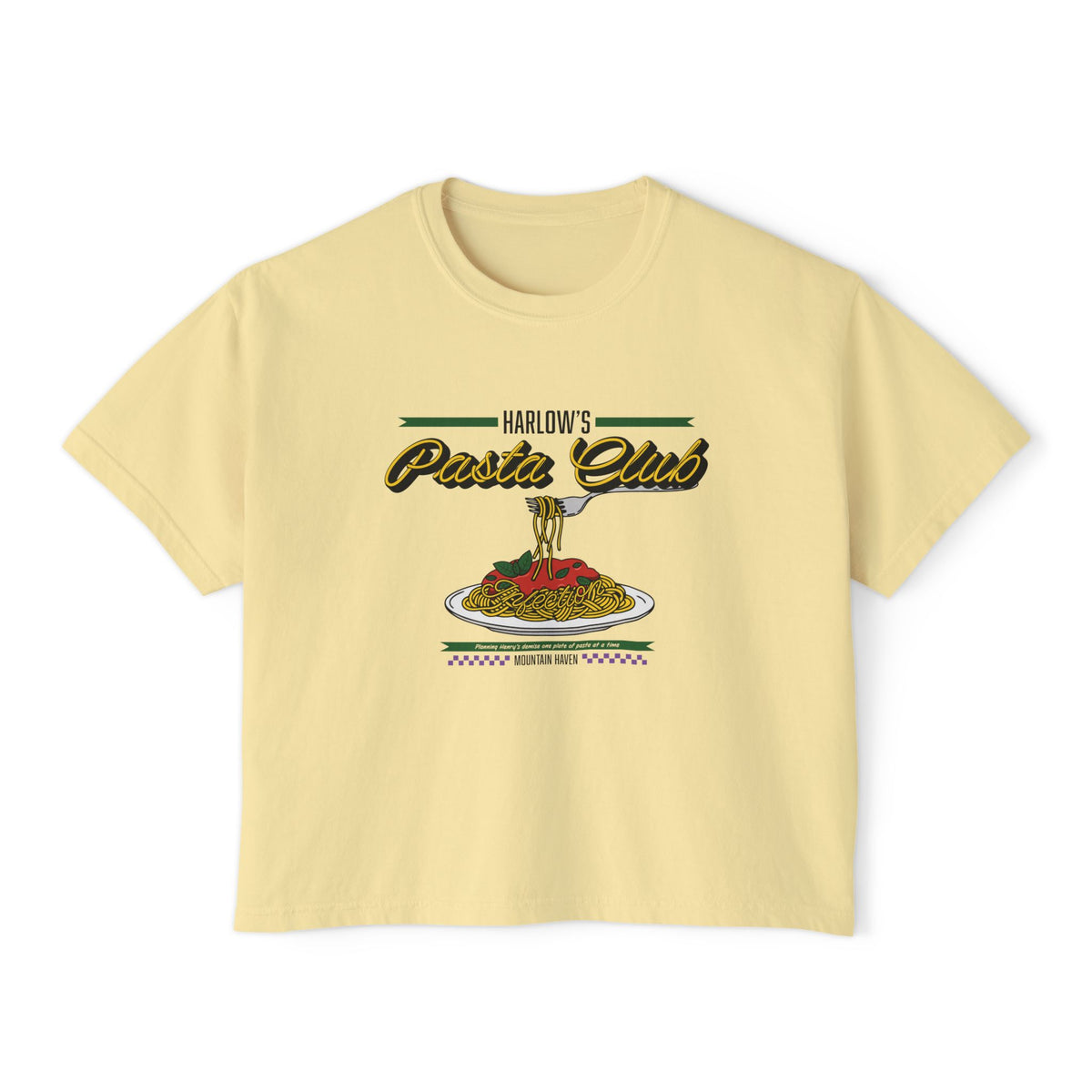 thtgrlreads crop top from The Poison Daughter collection featuring a vintage wash pale yellow Comfort Colors base with a retro-style pasta club graphic in script and illustration.
