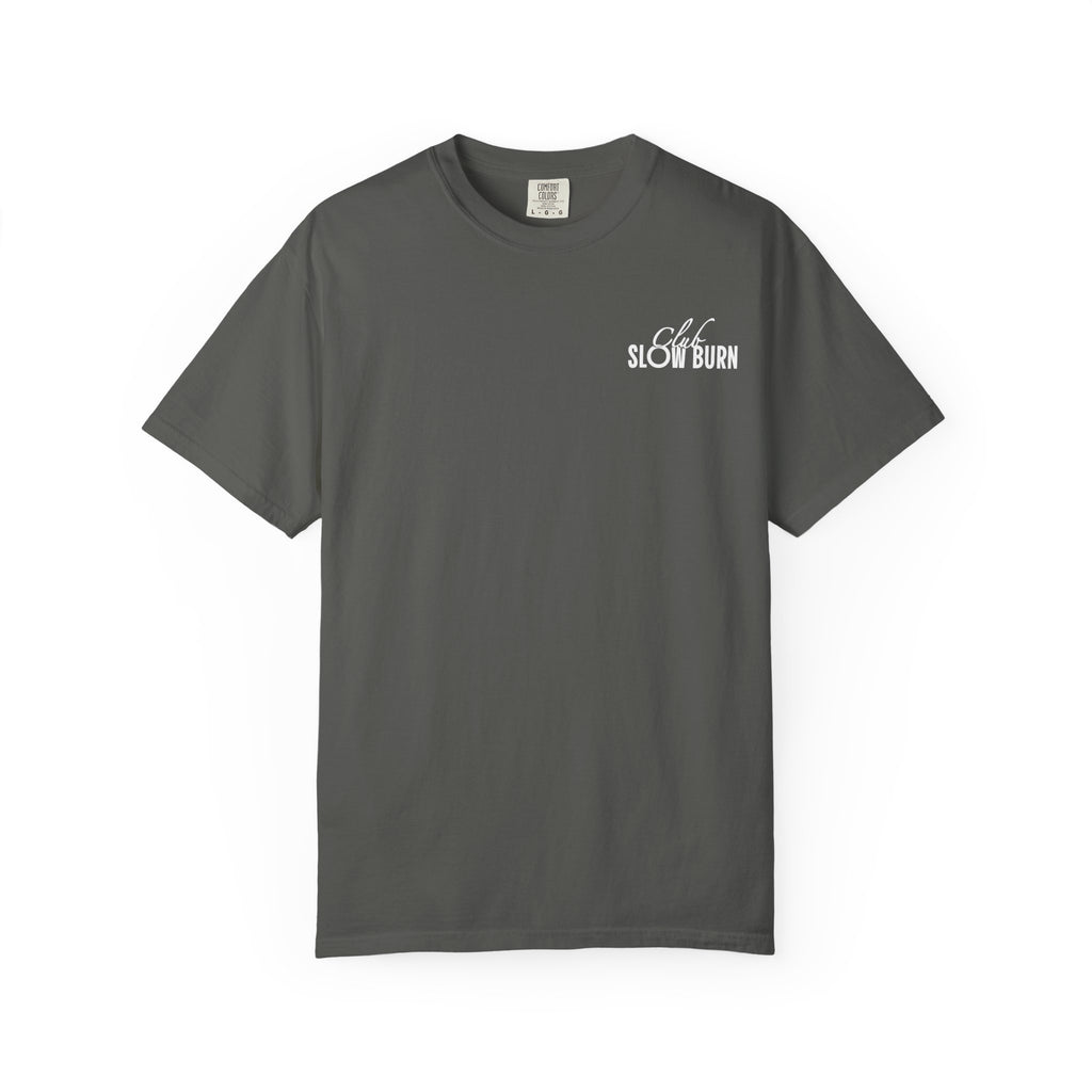 Thtgrlreads officially licensed Club Slow Burn Comfort Colors graphic tee in vintage washed charcoal gray with small white scripted text print, from Book Bestie and related collections.