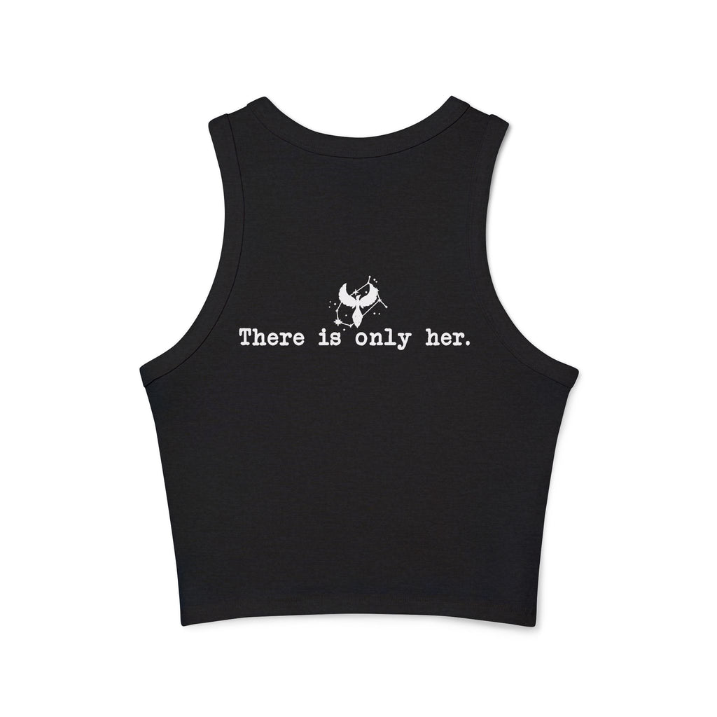 Zodiac Academy inspired black cropped tank from thtgrlreads featuring a soft Comfort Colors fabric with white printed text "There is only her." centered on the back, part of the official bookish apparel collection.