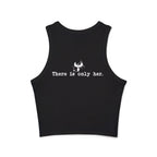 Zodiac Academy inspired black cropped tank from thtgrlreads featuring a soft Comfort Colors fabric with white printed text "There is only her." centered on the back, part of the official bookish apparel collection.