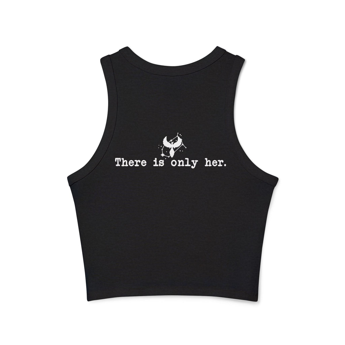 Zodiac Academy inspired black cropped tank from thtgrlreads featuring a soft Comfort Colors fabric with white printed text "There is only her." centered on the back, part of the official bookish apparel collection.