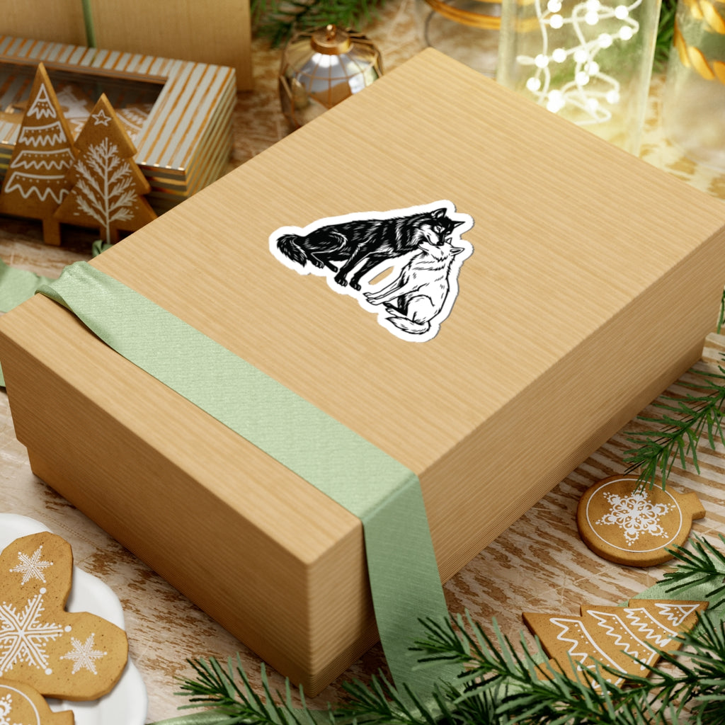 thtgrlreads Wolves of Ruin collection sticker featuring black and white wolf designs on a festive gift box, offered by Printify in the Stickers collection with fantasy romance flair.