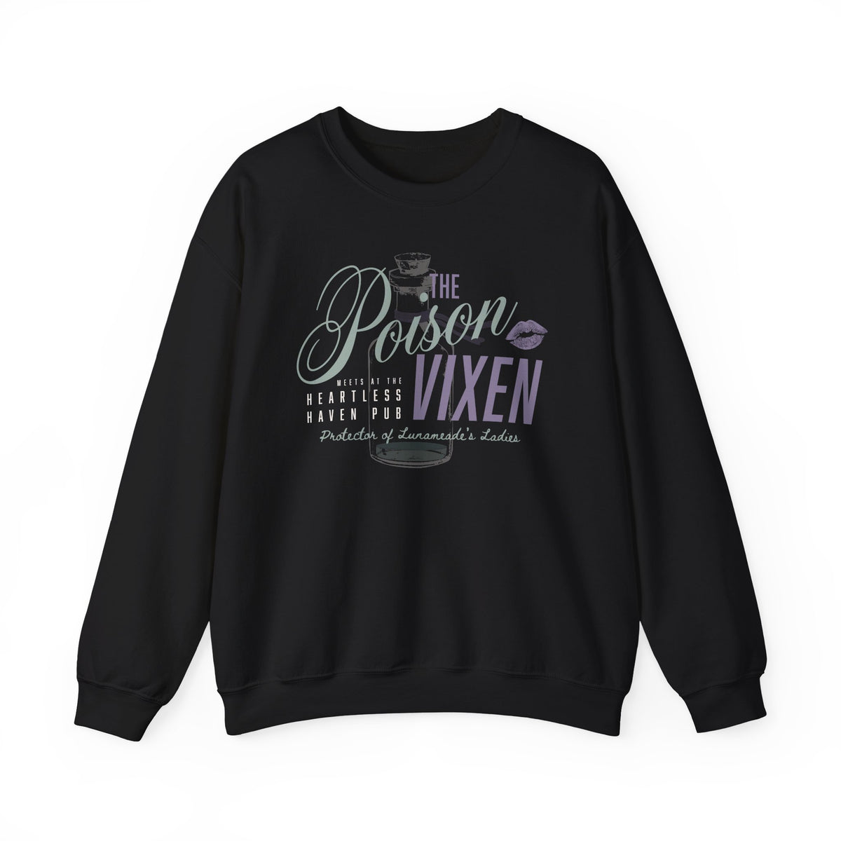 A black oversized crewneck sweatshirt from thtgrlreads featuring a vintage wash and a soft Comfort Colors base, printed with stylish typography and a poison vial graphic inspired by The Poison Daughter collection.