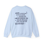 Kindred's Curse Saga crewneck from thtgrlreads featuring a light blue Comfort Colors vintage wash sweatshirt with bold black text quote and subtle star accents printed on the back.