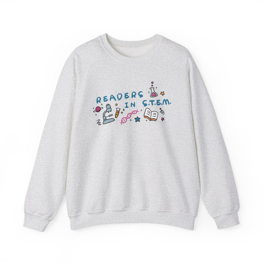 thtgrlreads Ali Hazelwood Love Hypothesis crewneck sweatshirt in light gray, featuring colorful Readers in STEM lettering with science icons and books.
