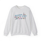 thtgrlreads Ali Hazelwood Love Hypothesis crewneck sweatshirt in light gray, featuring colorful Readers in STEM lettering with science icons and books.