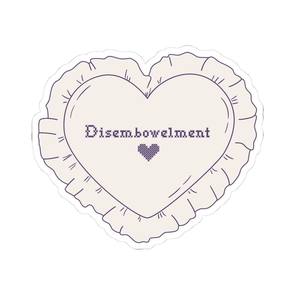 A heart-shaped embroidered sticker from thtgrlreads inspired by The Poison Daughter collection, featuring purple cross-stitch text "Disembowelment" with a small heart below.