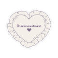 A heart-shaped embroidered sticker from thtgrlreads inspired by The Poison Daughter collection, featuring purple cross-stitch text "Disembowelment" with a small heart below.
