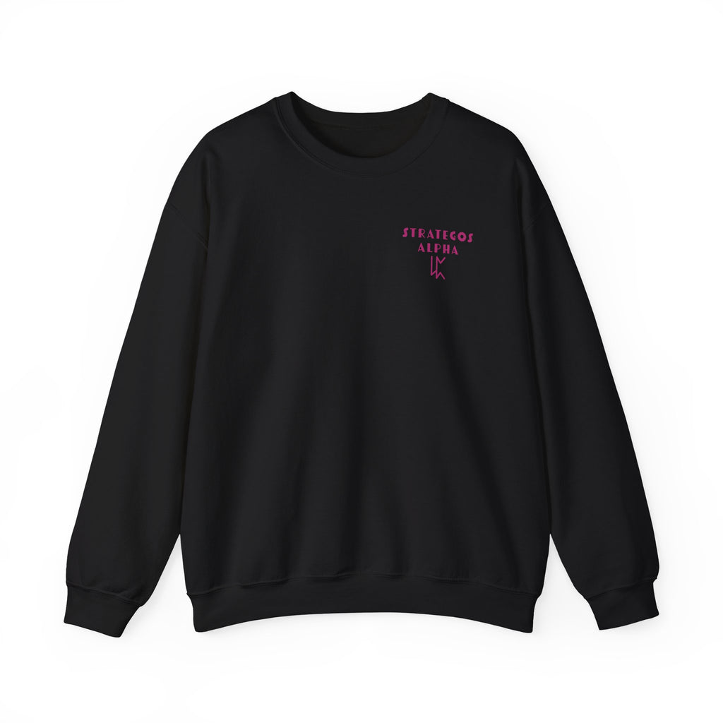 Black vintage-wash Comfort Colors crewneck sweatshirt from thtgrlreads featuring a small pink "Stratego's Alpha" graphic, part of the Wolves of Ruin and Crewnecks collections.